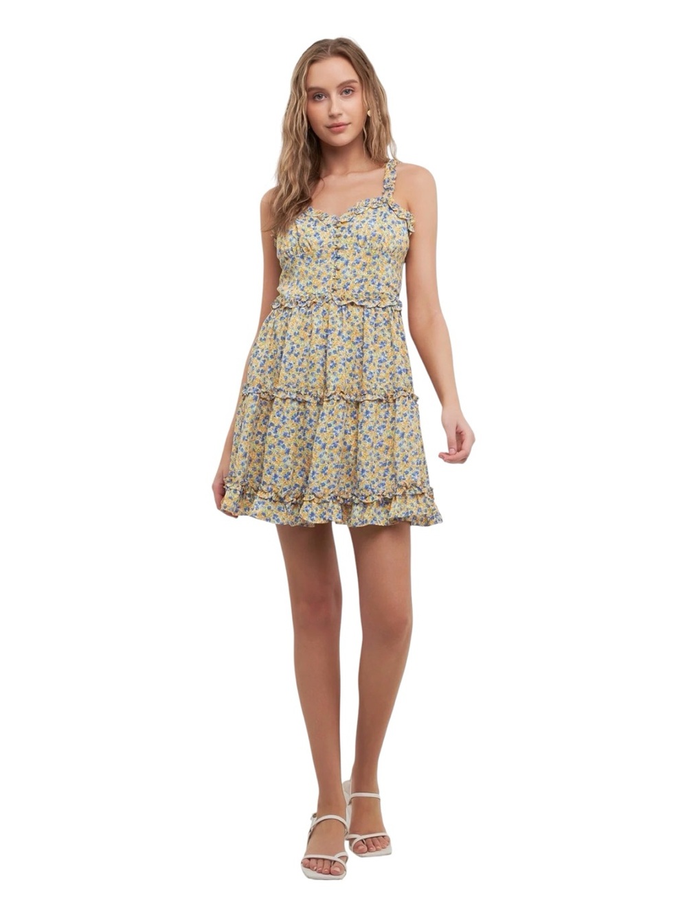 FREE THE ROSES Yellow Floral Ruffled Mini Dress - Picture 2 of 13